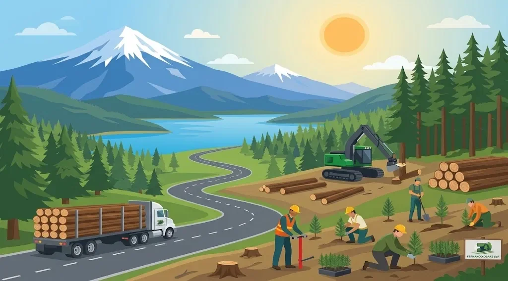 Ilustración del ciclo forestal: camión cargado con trozos, cosechadora en faena y trabajadores plantando árboles frente a un lago y volcanes nevados del sur de Chile