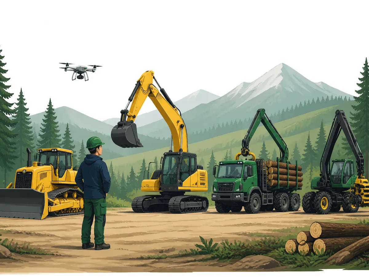 Flota propia en faena: bulldozer, excavadora, camión con grúa, cosechadora y dron