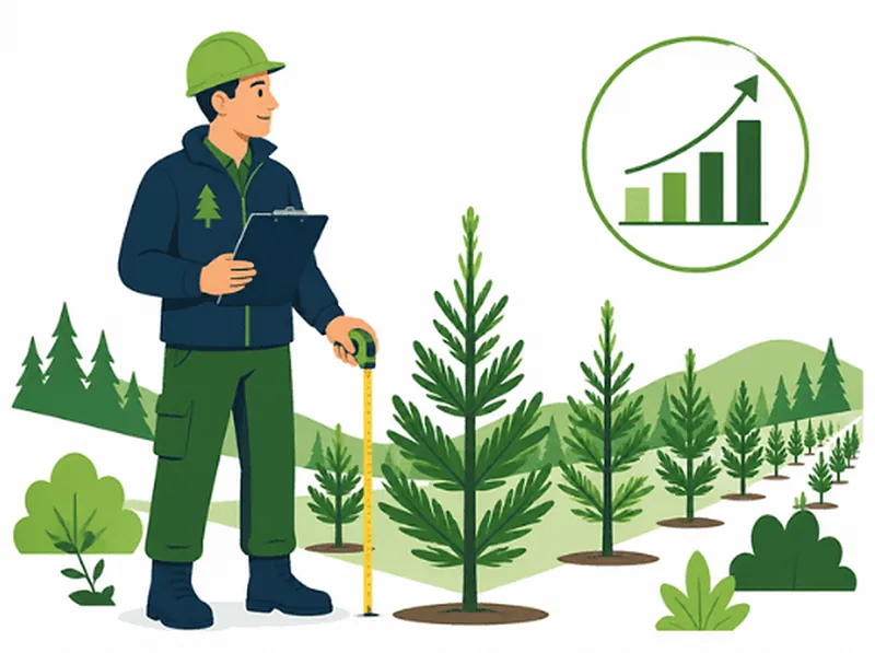 Ingeniero forestal midiendo una plantación joven de pino