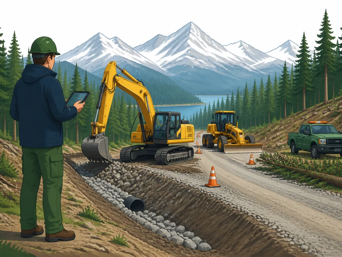 Excavadora y motoniveladora construyendo un camino forestal con alcantarilla, supervisadas por un profesional con tablet